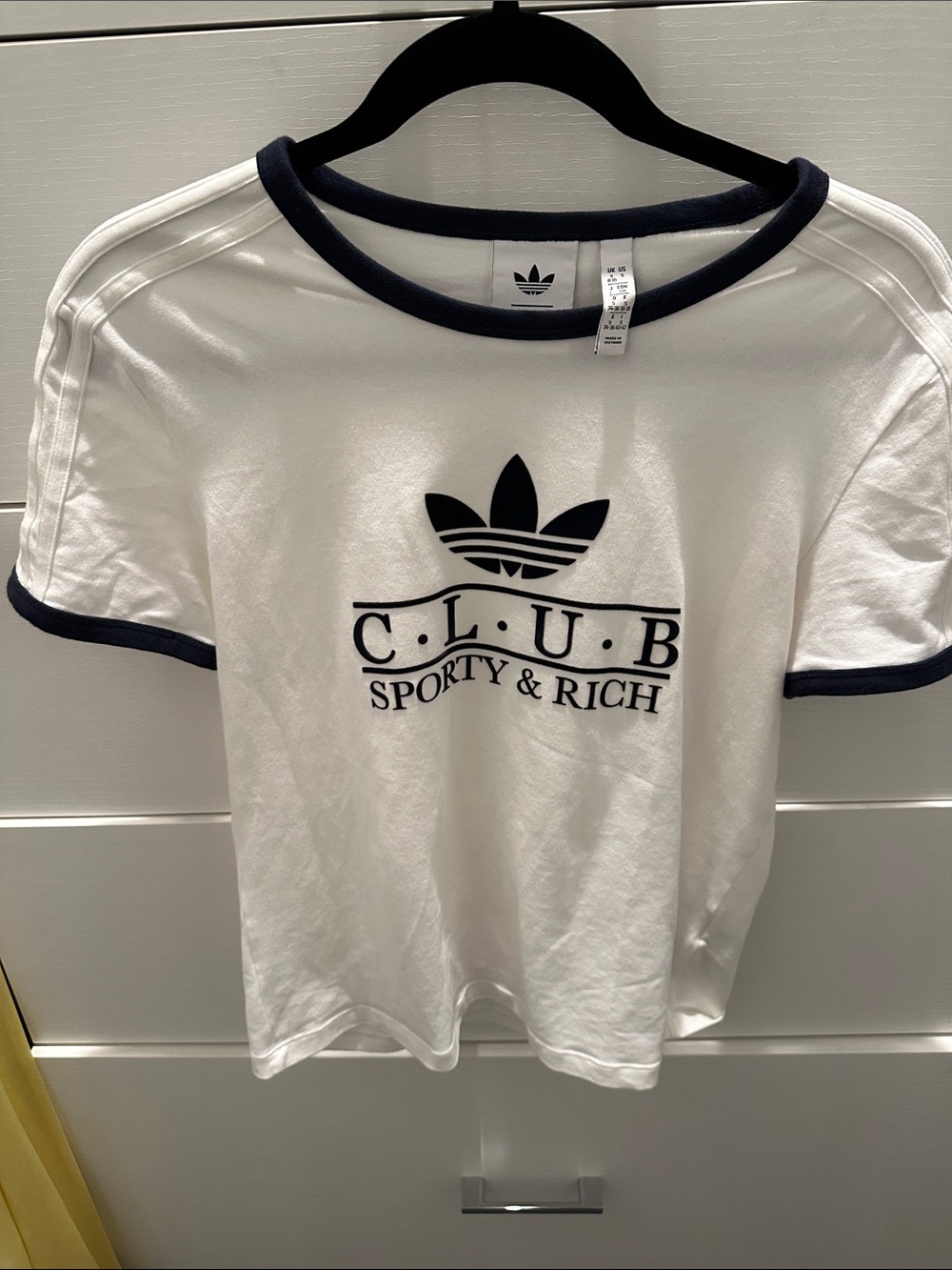 Sporty & Rich White Short-Sleeve Ringer Tee with Navy Trim
